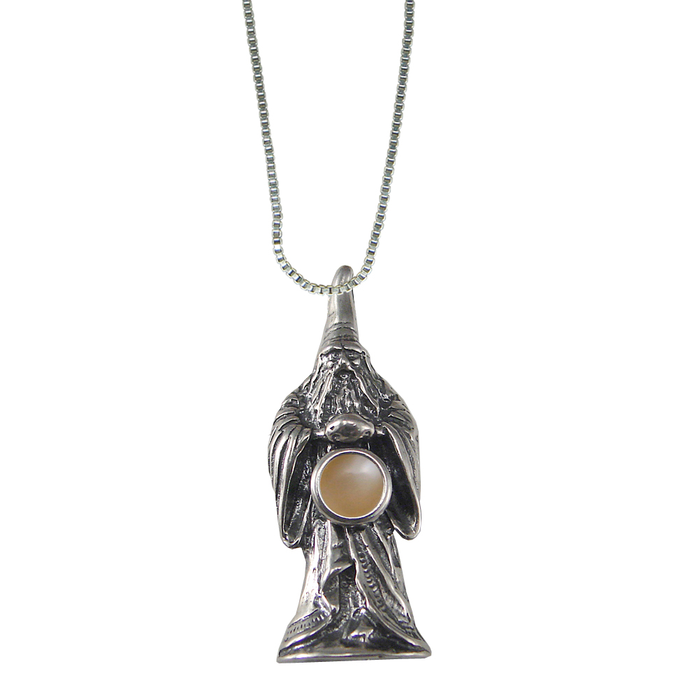 Sterling Silver Wizard of Olde Pendant With Peach Moonstone Magic Orb